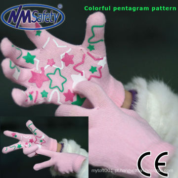 NMSAFETY 10 calibre luvas de algodão acrílico rosa com padrão colorido pentagrama pvc na palma da mão
